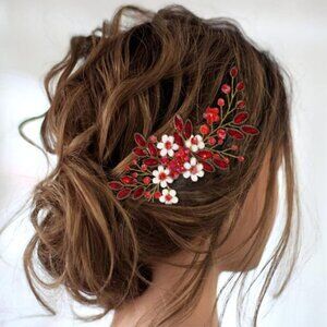 🆕Women Red ride Wedding Hair Comb Pearl Flower Hair Piece Accessories